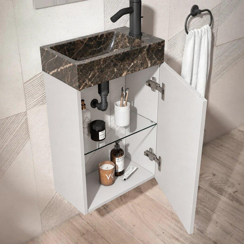 Saniclass Chaci Toiletmeubelset - 40x65cm - 1 deur - 1 kraangat - rechts - fontein dark emporador - mat wit SW1482365