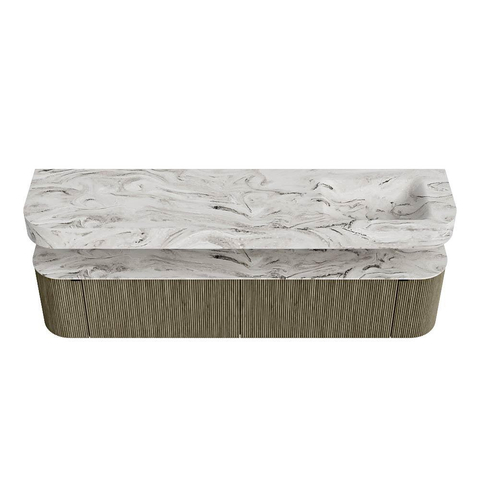 MONDIAZ THOR-DLUX 200cm meuble de salle de bains arrondi gauche + droite couleur Shadow avec 2 tiroirs et 2 portes. Vasque suspendue CLOUD Droite 1 trou de robinet couleur Glace. SW1467023