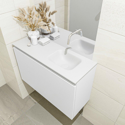 MONDIAZ OLAN Toiletmeubel 80x30x40cm met 0 kraangaten 1 lades talc mat Wastafel Lex rechts Solid Surface Wit SW473194