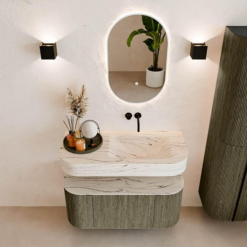 MONDIAZ THOR-DLUX 100cm meuble de salle de bains arrondi gauche + droite couleur Shadow avec 1 tiroir et 2 portes. Vasque suspendue CLOUD Droite sans trou de robinet couleur Nata. SW1467590