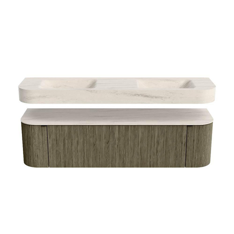MONDIAZ THOR-DLUX Meuble de salle de bains - 170cm - arrondi gauche + droite - couleur Shadow - 1 tiroir - 2 portes - Vasque suspendue CLOUD Double sans trou de robinet - couleur Meli SW1465760