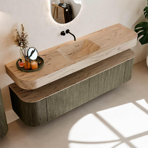 MONDIAZ THOR-DLUX Meuble de salle de bains - 180cm - arrondi gauche + droite - couleur Shadow - 2 tiroirs - 2 portes - Vasque suspendue CLOUD Milieu sans trou de robinet - couleur Arena SW1466132