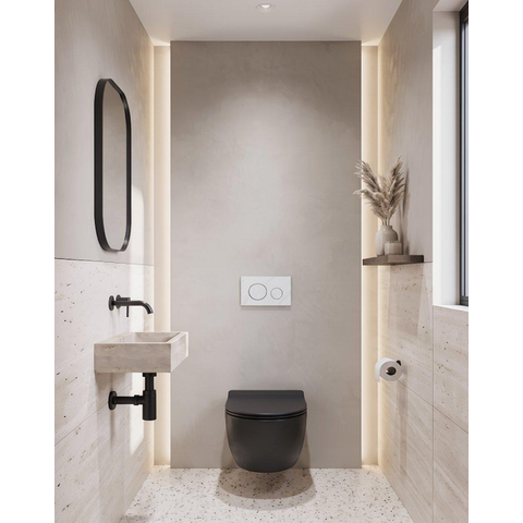 QeramiQ Dely Ensemble de WC - réservoir encastré Qeramiq Flush - abattant slim - plaque de commande en pierre naturelle marbre blanc - boutons ronds - noir mat SW1578543