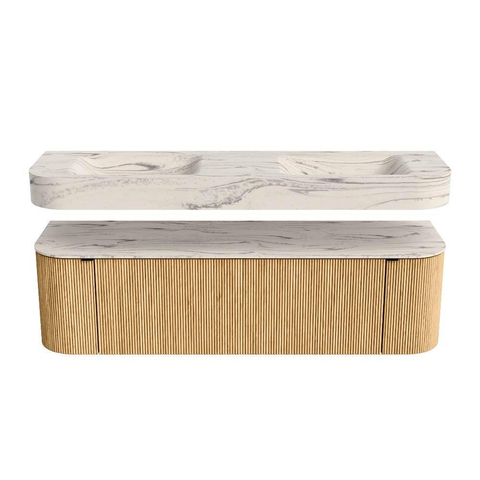 MONDIAZ THOR-DLUX 160cm badmeubel ronding links + rechts kleur Oak met 1 lade en 2 deuren. Vrijhangende wastafel CLOUD Dubbel 2 kraangaten kleur Nata. SW1465245