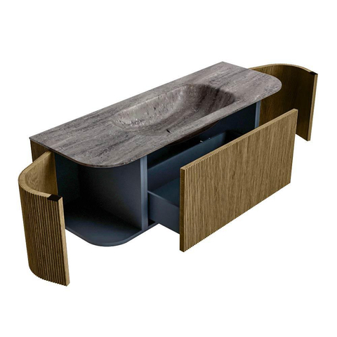MONDIAZ KURVE-DLUX 130cm badmeubel ronding Links + Rechts kleur Dusk met 1 lade en 2 deuren. Wastafel BIG SMALL Midden 1 kraangat Oza. SW1432975