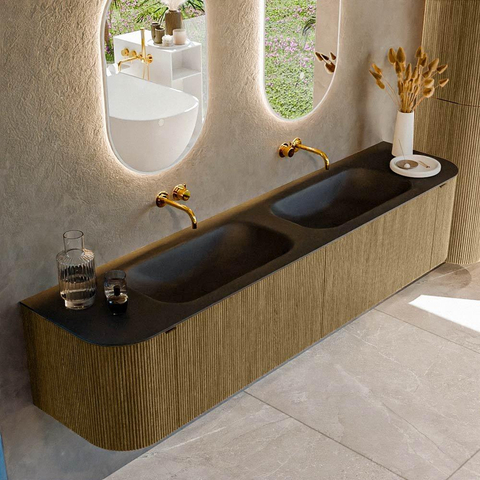 Mondiaz KURVE Ensemble de meuble de salle de bains - 200x46x40cm - 2 tiroirs - 2 portes - vasque solid surface - double - sans trou de robinet - Dusk SW1414852