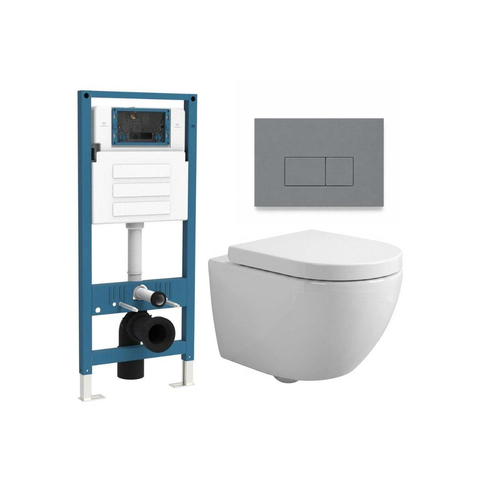 QeramiQ Dely Swirl Compact Toiletset - inbouwreservoir QeramiQ flush - 25mm zitting - kunststof bedieningsplaat licht grijs - rechthoekige knoppen - glans wit SW1590633