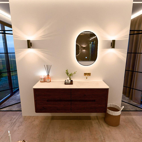 Mondiaz CIRO-DLUX Meuble de salle de bains - 140x45x50cm - Plan vasque Solid surface Meli - 1 vasque à droite - sans trous de robinetterie - 4 tiroirs - Ruby SW1531764