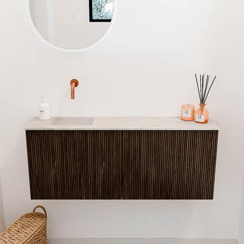 Mondiaz JOYA-DLUX 100cm toiletmeubel - kleur Walnut - Wastafel FAYE positie Links Zonder kraangat kleur Ostra. SW1422629