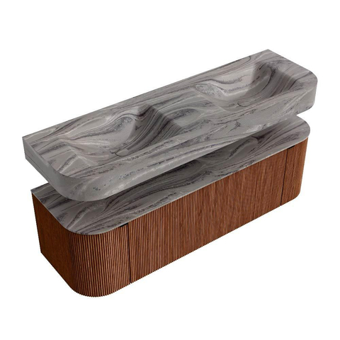 MONDIAZ THOR-DLUX 150cm meuble de salle de bains arrondi gauche + droite couleur Ruby avec 1 tiroir et 2 portes. Vasque suspendue CLOUD Double sans trou de robinet couleur Sombra. SW1464910