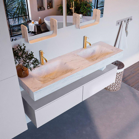 Mondiaz ALAN-DLUX Ensemble de meuble - 150cm - meuble Cale mat - 2 tiroirs - Lavabo Cloud Opalo suspendu - vasque Gauche et droite - 2 trous de robinet SW806686