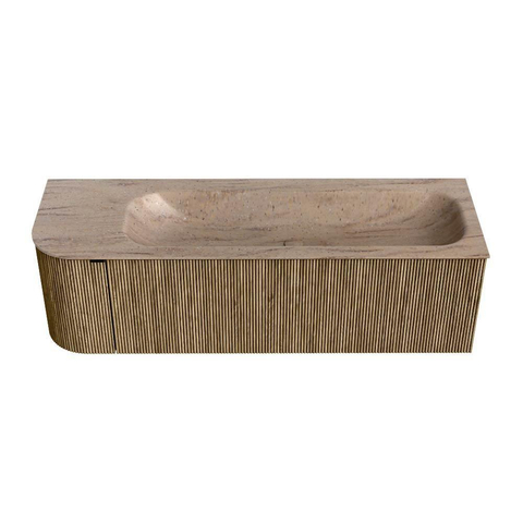 MONDIAZ KURVE-DLUX 145cm meuble de salle de bains arrondi Gauche couleur Dusk avec 1 tiroir et 1 porte. Lavabo BIG LARGE Droite 2 trous de robinet Saba. SW1433368