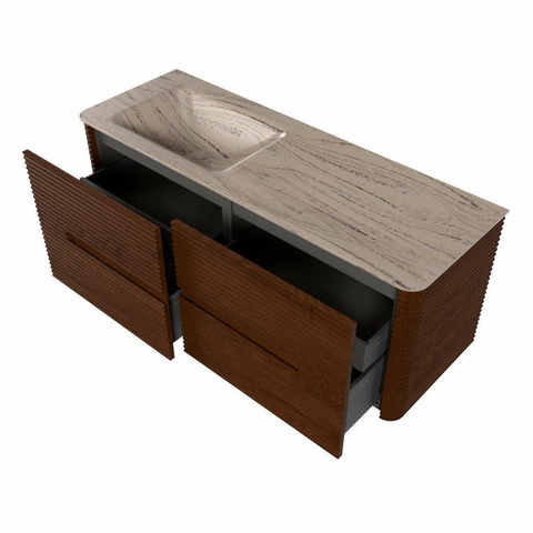 Mondiaz CIRO-DLUX Meuble de salle de bains - 130x45x50cm - Plan vasque Solid surface Arena - 1 lavabo à gauche - sans trous de robinetterie - 4 tiroirs - Ruby SW1531702