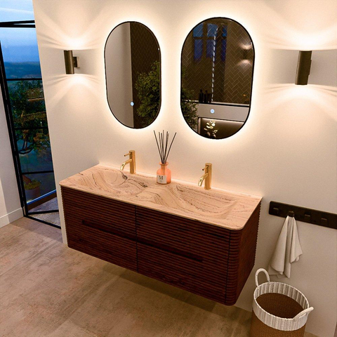Mondiaz CIRO-DLUX Meuble de salle de bains - 130x45x50cm - Plan-vasque Solid surface Arena - 2 vasques Double - 2 trous de robinetterie - 4 tiroirs - Ruby SW1531704