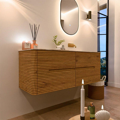 Mondiaz CIRO-DLUX Ensemble de meubles de salle de bains - 130x45x50cm - Plan vasque solid surface Frappe - 1 vasque à droite - sans trous de robinetterie - 4 tiroirs - Chêne SW1530873