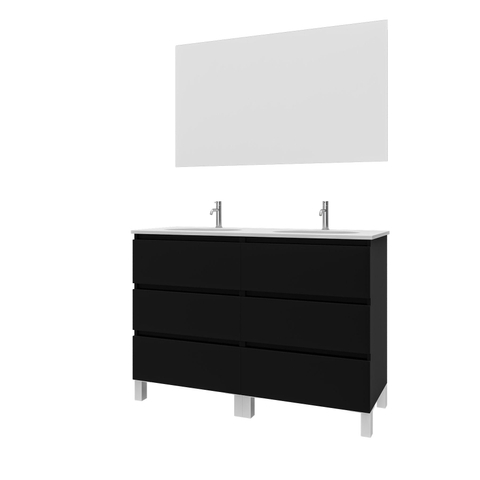 Saniclass Chaci PLUS Meuble de salle de bain - 120x86x46cm - lavabo en céramique blanc - 2 vasques ovales - 2 trous de robinet - 6 tiroirs - miroir rectangulaire - noir mat SW926322