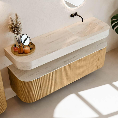 MONDIAZ THOR-DLUX 160cm meuble de salle de bains arrondi gauche + droite couleur Oak avec 1 tiroir et 2 portes. Vasque suspendue CLOUD Droite sans trou de robinet couleur Meli. SW1465152