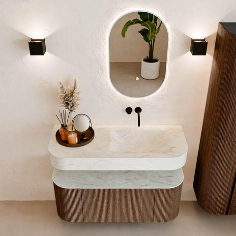 MONDIAZ THOR-DLUX 110cm badmeubel ronding links + rechts kleur Walnut met 1 lade en 2 deuren. Vrijhangende wastafel CLOUD Rechts zonder kraangat kleur Opalo. SW1462771