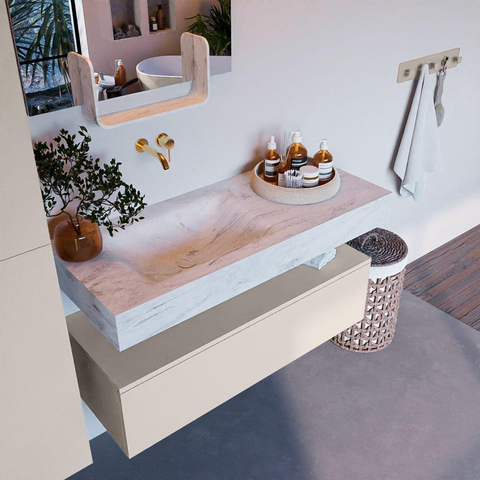 Mondiaz ALAN-DLUX Ensemble de meuble - 110cm - meuble Linen mat - 1 tiroir - Lavabo Cloud Opalo suspendu - vasque Gauche - 0 trous de robinet SW806501