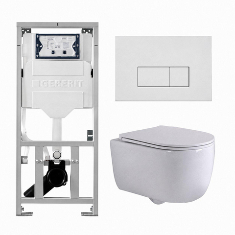 QeramiQ Dely Swirl Toiletset - 36.3x51.7cm - Geberit UP320 inbouwreservoir - met Burda frame - slim zitting - mat witte metalen bedieningsplaat - rechthoekige knoppen - glans wit SW1126100