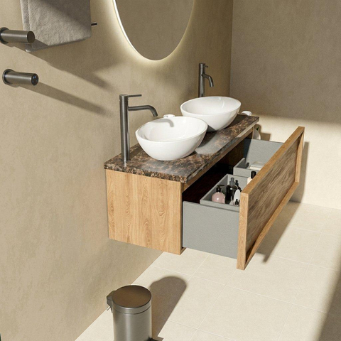 Saniclass Holz Frame Badkamermeubelset - 120x45x43cm - Noche natuurstenen topblad dark emperador - 2 kraangaten - 1 lade - mat eiken natural (hout) SW1478298