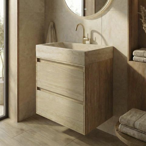 Forzalaqua Ibiza Ensemble meuble de salle de bains - 80x50x70cm - 2 tiroirs - lavabo en travertin - 1 trou de robinet - jeu de supports - bouchon de vidage - smoke SW1476839