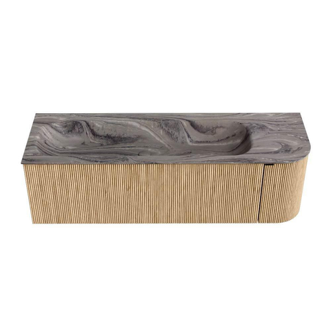 MONDIAZ KURVE-DLUX 145cm meuble de salle de bains arrondi Droite couleur Oak avec 1 tiroir et 1 porte. Lavabo BIG LARGE Gauche 1 trou de robinet Sombra. SW1433574