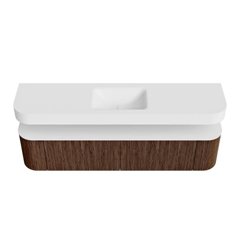 MONDIAZ THOR 190cm badmeubel ronding links + rechts kleur Walnut met 2 lades en 2 deuren. Vrijhangende wastafel CLOUD Midden zonder kraangat kleur Talc. SW1466394