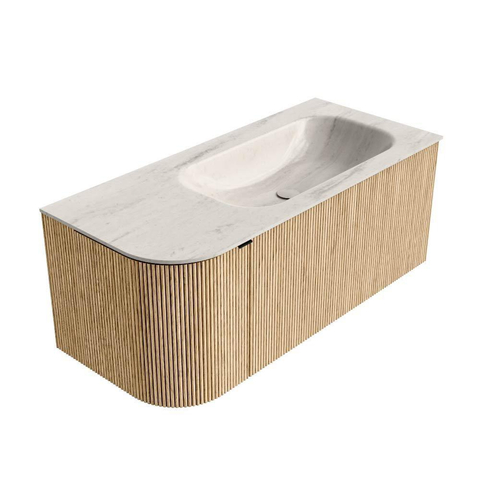 MONDIAZ KURVE-DLUX Meuble de salle de bains 105cm arrondi à gauche couleur Oak avec 1 tiroir et 1 porte. Lavabo BIG SMALL à droite sans trou de robinet Meli. SW1431581