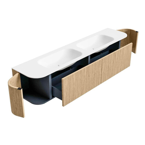 MONDIAZ KURVE 200cm meuble de salle de bains avec module 25 Len R couleur Oak avec 2 tiroirs et 2 portes. Lavabo BIG SMALL double sans trou de robinetterie Talc. SW1138215