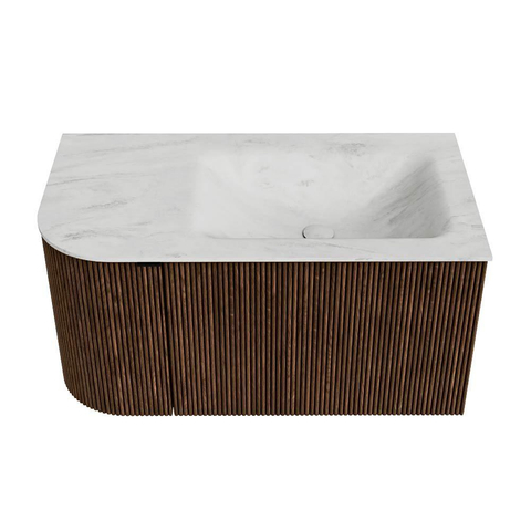 MONDIAZ KURVE-DLUX Meuble de salle de bains 85 cm avec module 25 L couleur Walnut avec 1 tiroir et 1 porte. Lavabo CLOUD à droite sans trou de robinet couleur Opalo. SW1137610
