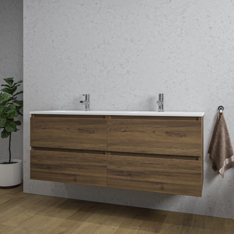 Saniclass Chaci Meuble de salle de bain - 140x46x55cm - 4 tiroirs - lavabo en céramique blanc - 2 vasques - 2 trous de robinet - noyer SW1171451