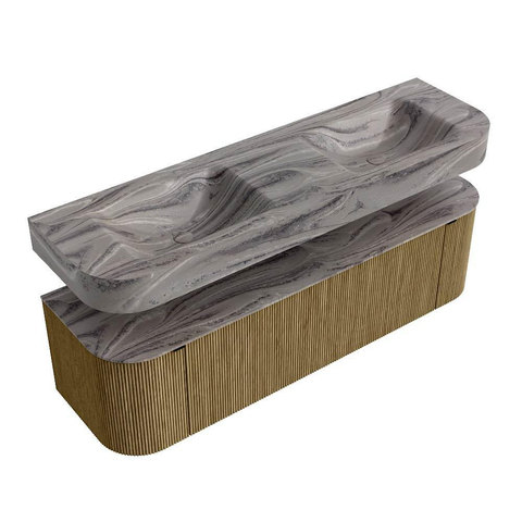 MONDIAZ THOR-DLUX 160cm meuble de salle de bains arrondi gauche + droite couleur Dusk avec 1 tiroir et 2 portes. Vasque suspendue CLOUD Double 2 trous de robinet couleur Sombra. SW1465382