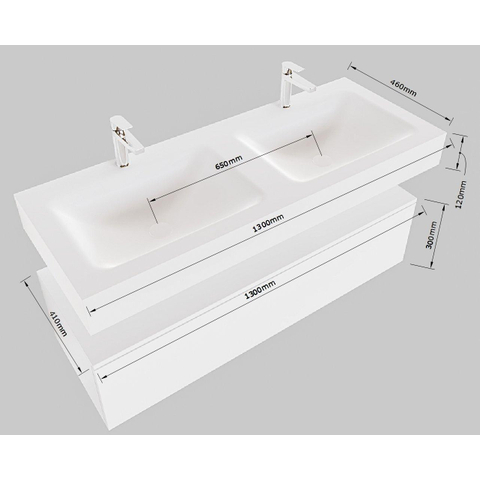 Mondiaz ALAN-DLUX Ensemble de meuble - 130cm - meuble Washed Oak mat - 2 tiroirs - Lavabo Cloud Frappe suspendu - vasque Gauche et droite - 0 trous de robinet SW809193