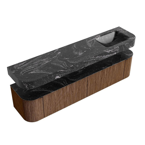 MONDIAZ THOR-DLUX 200cm badmeubel ronding links + rechts kleur Walnut met 2 lades en 2 deuren. Vrijhangende wastafel CLOUD Rechts 1 kraangat kleur Lava. SW1466992
