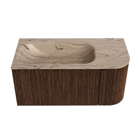 MONDIAZ KURVE-DLUX Meuble de salle de bains 95cm arrondi à droite couleur Walnut avec 1 tiroir et 1 porte. Lavabo BIG SMALL à gauche 1 trou de robinet Arena. SW1431177