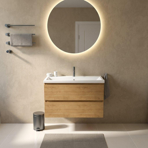 Saniclass Holz Pure Ensemble meuble de salle de bains - 100x45x63.5cm - Lavabo en céramique Bari blanc - 1 vasque - 1 trou de robinet - 2 tiroirs - chêne naturel mat (bois) SW1478758