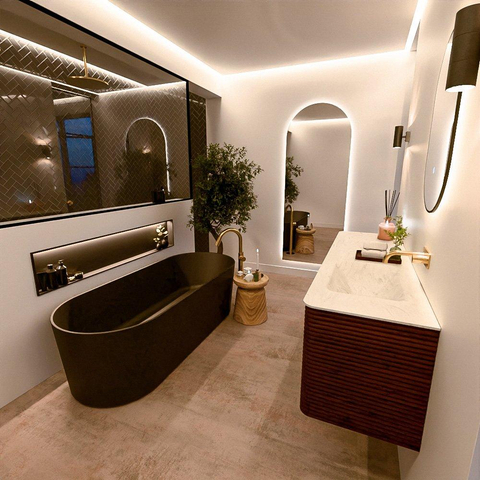 Mondiaz CIRO-DLUX Meuble de salle de bains - 160x45x50cm - Plan vasque solid surface Opalo - 1 lavabo à droite - sans trous de robinetterie - 4 tiroirs - Ruby SW1531693