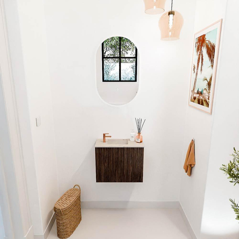 Mondiaz JOYA-DLUX 50cm toiletmeubel - kleur Walnut - Wastafel FAYE positie Links 1 kraangat kleur Frappe. SW1422259