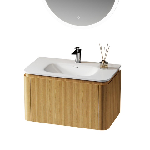 Royal Plaza Terra Ensemble meuble de salle de bains - 80x47x46cm - vasque en solid surface blanc mat - 1 vasque - 1 trou de robinet - 2 tiroirs - sandwood (chêne clair) SW1447015