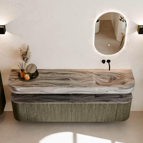 MONDIAZ THOR-DLUX 190cm meuble de salle de bains arrondi gauche + droite couleur Shadow avec 2 tiroirs et 2 portes. Vasque suspendue CLOUD Droite sans trou de robinet couleur Sombra. SW1466638