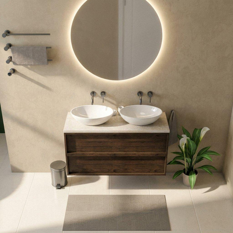 Saniclass Holz Frame Ensemble de meubles de salle de bains - 120x45x63cm - Plan de travail en pierre naturelle travertin - sans trou de robinet - 2 tiroirs - chêne charcoal mat (bois) SW1580037