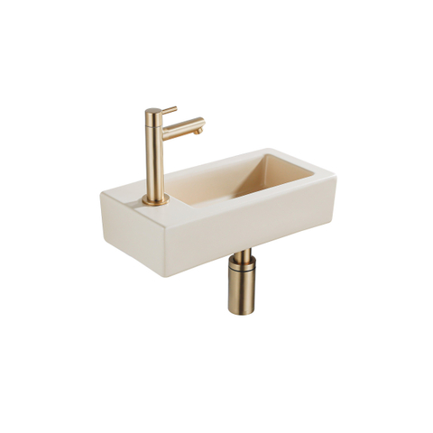 QeramiQ Fuente pack lave-mains – 37,5 x 18,5 x 9 cm – céramique beige – perçage à gauche – robinet doré brossé SW1232757