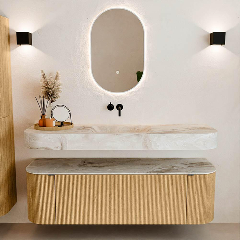MONDIAZ THOR-DLUX 150cm meuble de salle de bains arrondi gauche + droite couleur Oak avec 1 tiroir et 2 portes. Vasque suspendue CLOUD Milieu sans trou de robinet couleur Frappe. SW1412302