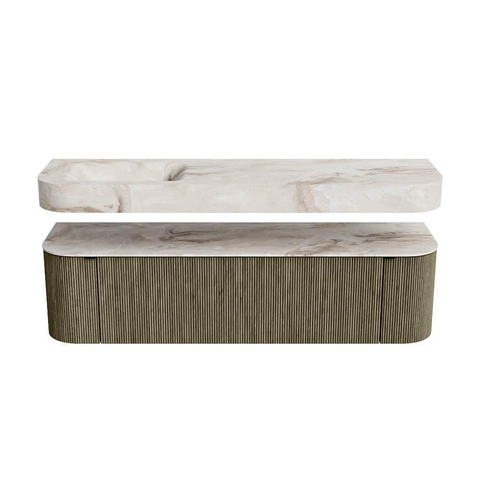 MONDIAZ THOR-DLUX 170cm meuble de salle de bains arrondi gauche + droite couleur Shadow avec 1 tiroir et 2 portes. Vasque suspendue CLOUD Gauche 1 trou de robinet couleur Frappe. SW1465543