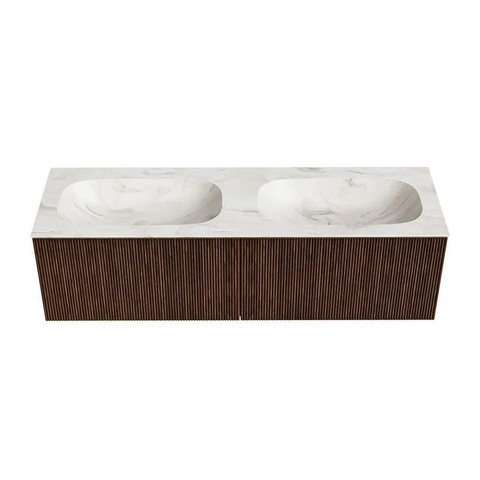 MONDIAZ KURVE-DLUX meuble de salle de bains 150cm couleur Walnut avec 2 tiroirs. Vasque STOR SMALL double sans trou de robinet couleur Ostra. SW1137898