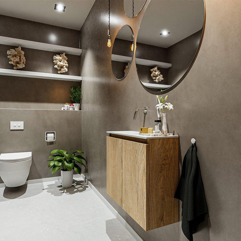 MONDIAZ TURE Kit lave-mains - 60x23x50cm - 0 trous de robinet - 2 portes - chêne blanchi mat - Lavabo à gauche - Solid Surface Blanc SW475154