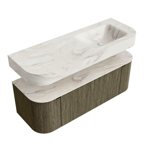 MONDIAZ THOR-DLUX 130cm meuble de salle de bains arrondi gauche + droite couleur Shadow avec 1 tiroir et 2 portes. Vasque suspendue CLOUD Droite 1 trou de robinet couleur Ostra. SW1463794