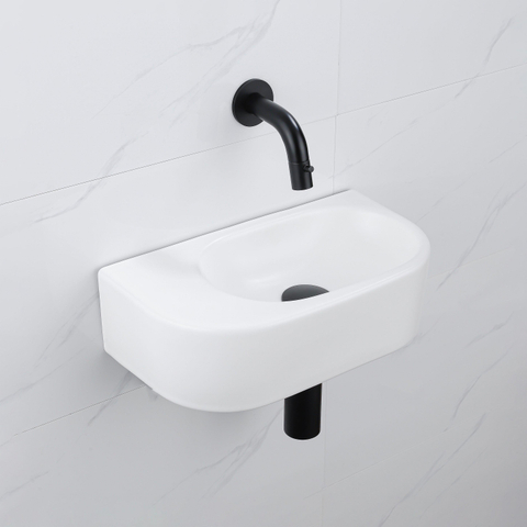 QeramiQ Fuente fonteinset – halfrond – 40x21.5x12 cm – keramiek wit mat – zonder kraangat – mat zwarte kraan SW1233083