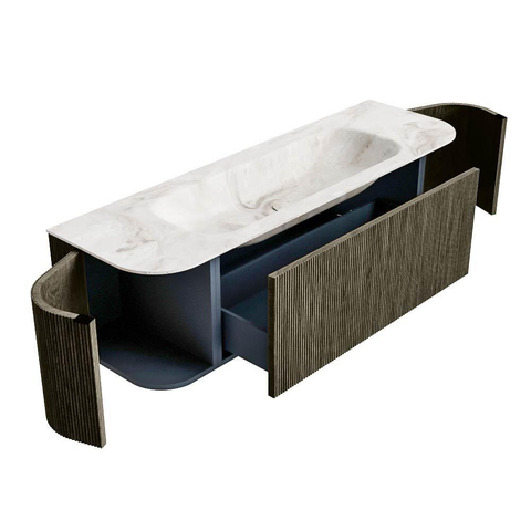 Mondiaz KURVE-DLUX Ensemble de meuble de salle de bains - 150x46x40cm - 1 tiroir - 2 portes - lavabo solid surface - au milieu - sans trou de robinet - Shadow SW1414362
